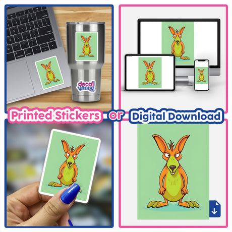 Angry yet adorable digital artwork of a kangaroo, displayed on various devices and as a printed sticker. The vibrant green background and expressive character capture the playful and whimsical nature of the product.