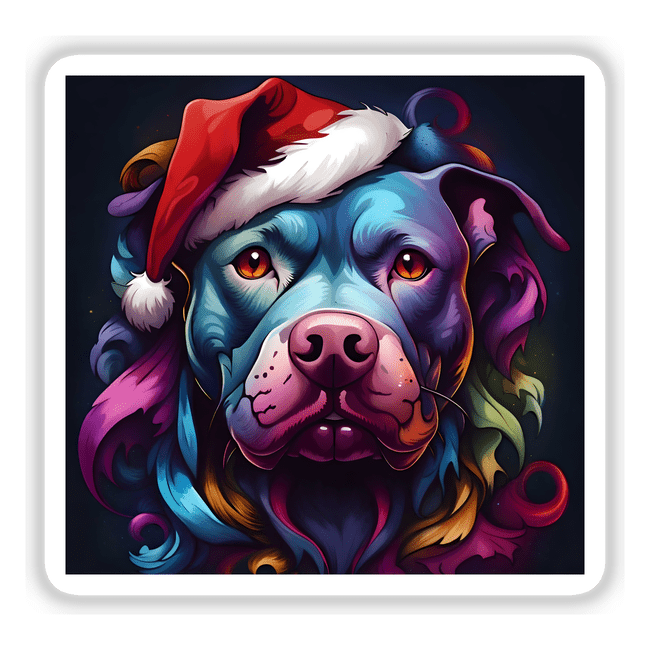 Colorful Christmas Pitbull with Santa Hat