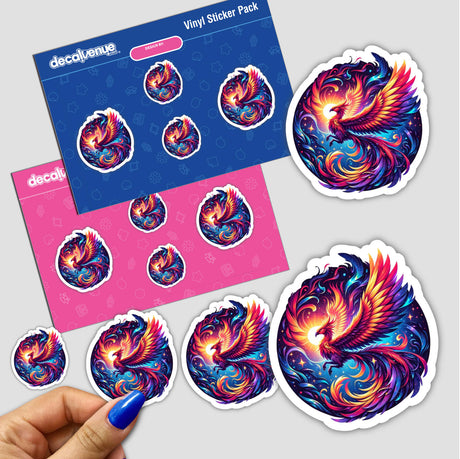 Cosmic Phoenix - Vibrant digital artwork with a mythical phoenix design, showcasing colorful feathers and flames. These stickers can be used to express your unique style.