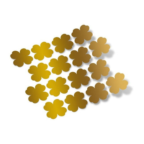 Metallic gold shamrock-shaped vinyl wall decals arranged in a scattered pattern on a white background.