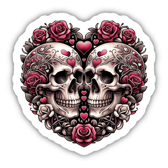Intricately detailed heart-shaped skull with floral designs, surrounded by red roses and pink hearts - a striking, visually captivating digital artwork.