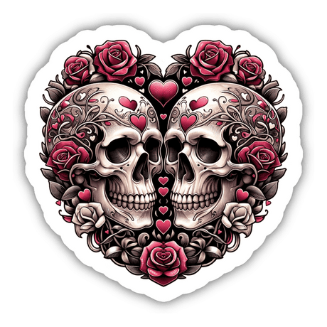 Intricately detailed heart-shaped skull with floral designs, surrounded by red roses and pink hearts - a striking, visually captivating digital artwork.