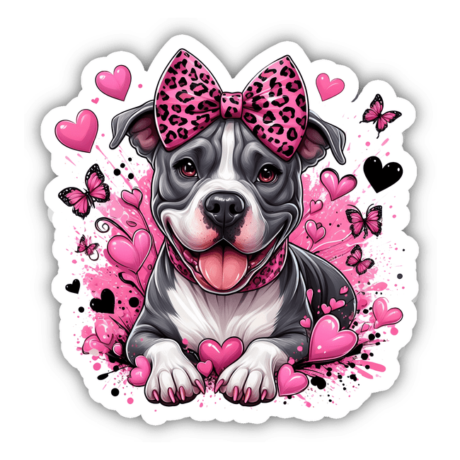 Pink Leopard Bow, Butterflies, Hearts Pitbull