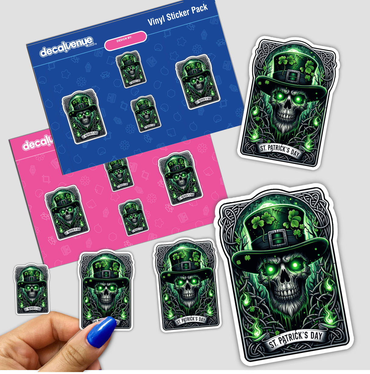 Glowing Skull in Top Hat St. Patrick's Day Stickers - Unique digital artwork featuring glow-in-the-dark skull designs with shamrocks, created by SHH Creations for Decal Venue.