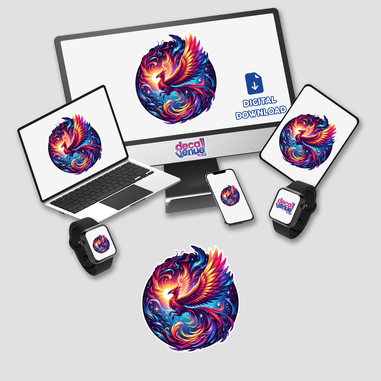 Colorful digital artwork depicting a mythical phoenix with vibrant feathers and fiery plumage, displayed across various electronic devices including a laptop, smartphone, and smartwatch.