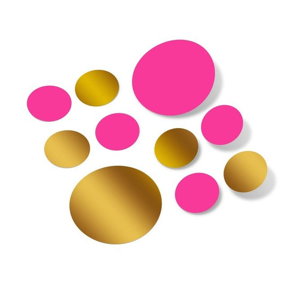 Hot Pink / Metallic Gold Polka Dot Circles Wall Decals