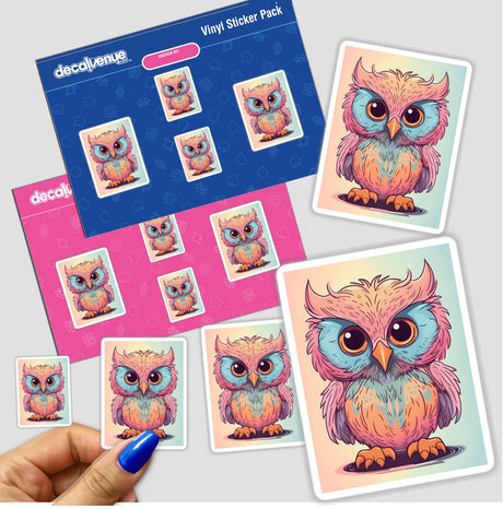 Vibrant digital artwork of an adorable angry owl sticker set displayed on a Decal Venue product package.