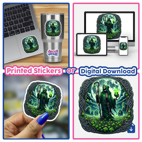 Celtic skeleton shillelagh and a chalice macabre Saint Patrick's Day digital artwork displayed on laptop, devices, and printed sticker