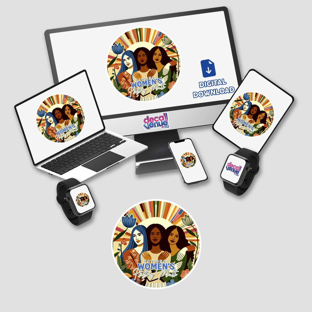 Diverse group of female figures depicted in vibrant, psychedelic artistry on digital stickers and artwork, representing the theme "Stronger Together" from the Decal Venue store.