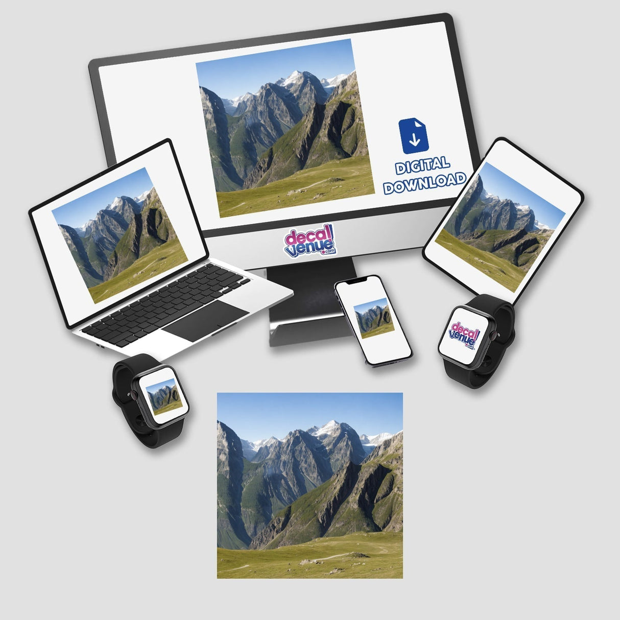 Illusion Mountain Love Art stickers and digital artwork displayed on various devices.