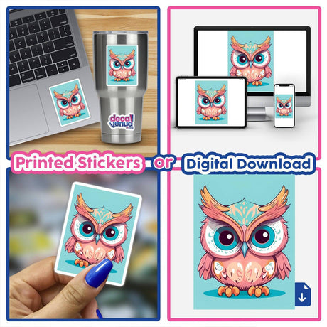 Colorful and artistic digital owl image displayed on various devices and printed stickers. The owls feature expressive eyes and vibrant feathers, showcasing the whimsical and adorable design.