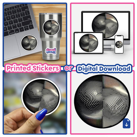 Circular moiré pattern optical illusion sticker showcasing different display mediums - laptop, digital device, and physical sticker.