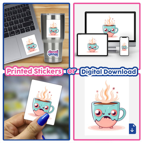 Colorful and expressive digital artwork of an angry yet adorable coffee cup, displayed across various digital platforms and physical products.