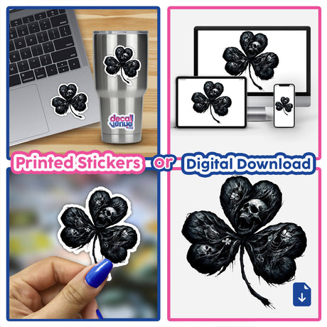 Elegant skeletal shamrock stickers in black and white, featuring unique digital art designs for customization on various surfaces.