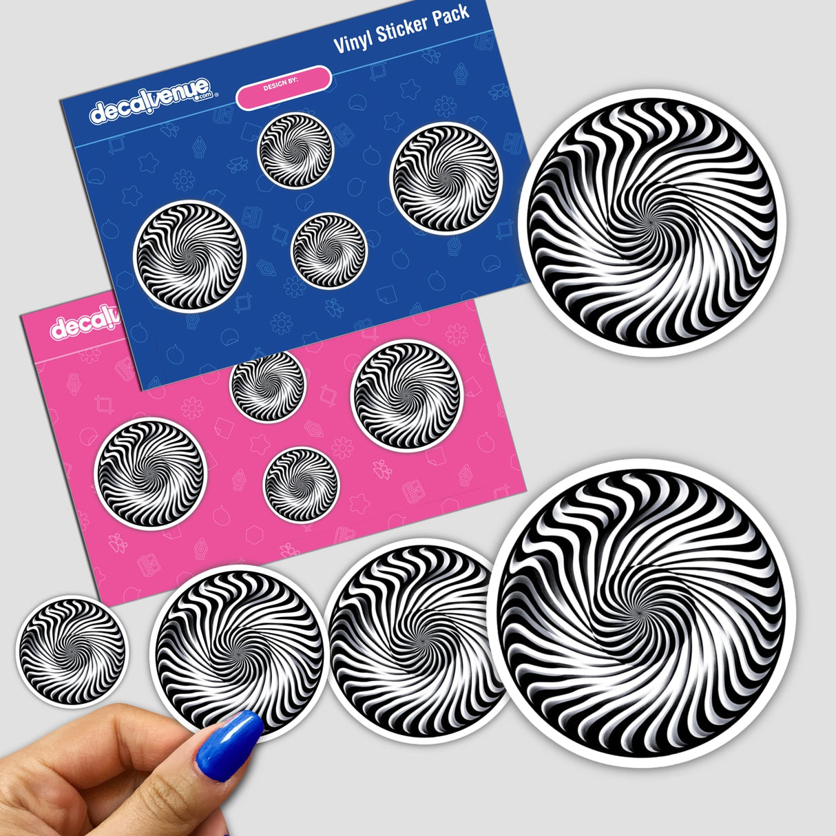 Hypnotic vortex optical illusion stickers with dynamic black and white spiral designs, offered in packs by the Decal Venue digital art store.