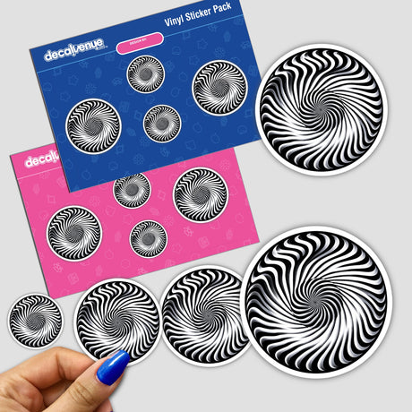 Hypnotic vortex optical illusion stickers with dynamic black and white spiral designs, offered in packs by the Decal Venue digital art store.