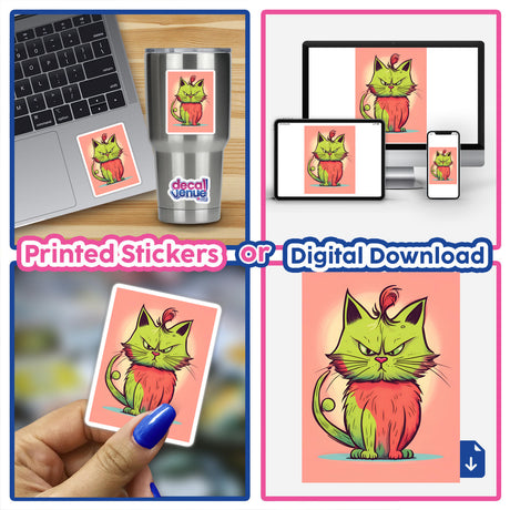 Adorable Angry Cat - Digital artwork featuring an expressive feline in colorful, vibrant hues available as printed stickers or digital download from Decal Venue.