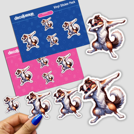 Colorful digital artwork featuring a playful dab-dancing border collie dog surrounded by an assortment of similar sticker designs in a vinyl sticker pack showcased on a Decal Venue store background.