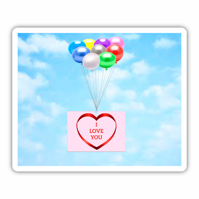 BALLOONS FLOATING IN THE SKY SUSPENDING AN I LOVE YOU HEART SIGN