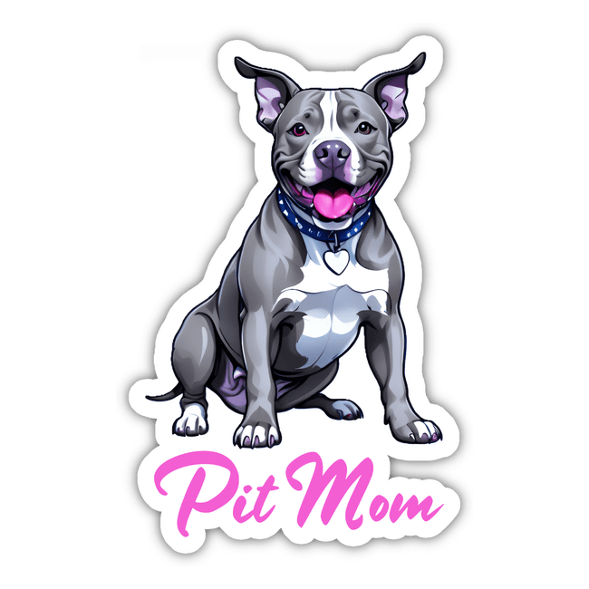 Gray Happy Pitbull - Pit Mom sticker featuring a cartoon dog with a collar. Available as stickers or digital artwork.