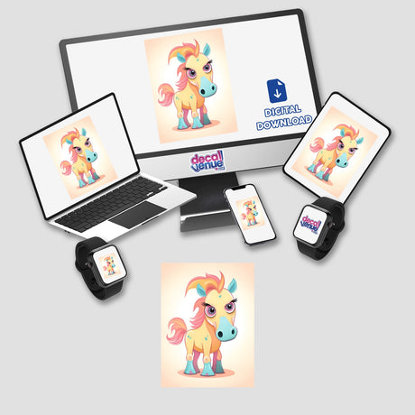 Adorable cartoon pony with colorful mane and tail featured on digital devices including laptop, tablet, smartphone, and smart watch from Decal Venue store