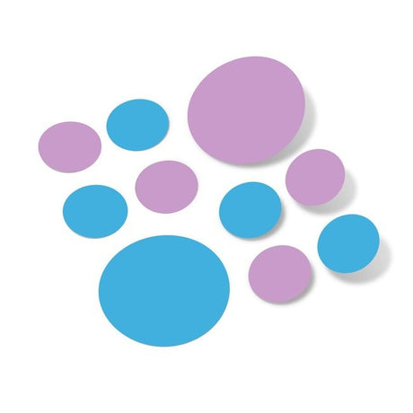 Lilac and ice blue polka dot circle wall decals on white background.