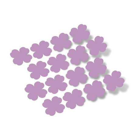 Decorative lavender flower shapes on a plain white background