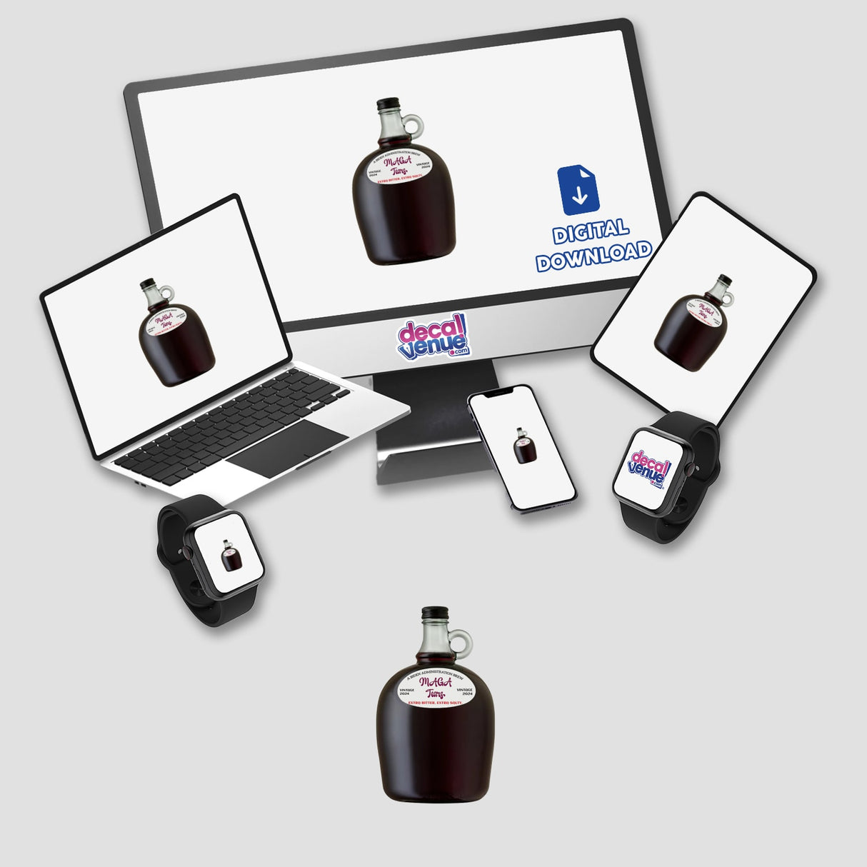 A red wine jug with a label that reads "MAGA Tears. A Biden Administration brew. Vintage 2024" on transparent background.