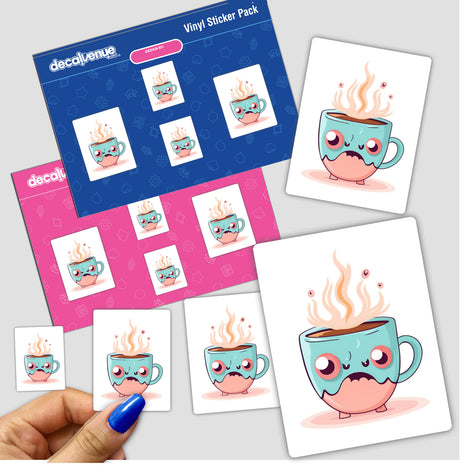 Adorable angry coffee cup digital art stickers on Decal Venue store display