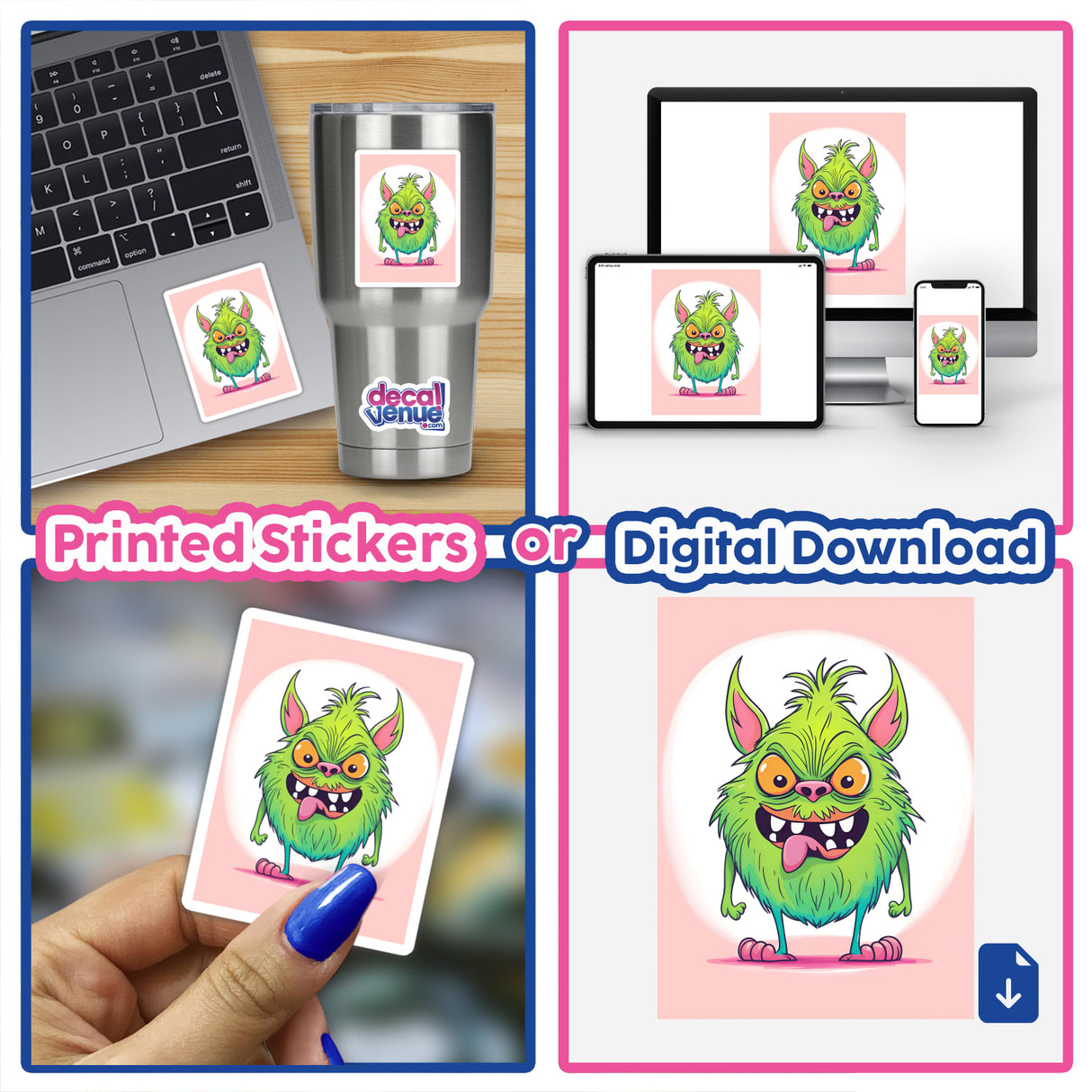 Colorful digital artwork of an adorable angry green monster displayed on various devices and products, including a laptop, phone, and tumbler. This unique monster character is available as printed stickers or a digital download.