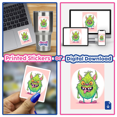 Colorful digital artwork of an adorable angry green monster displayed on various devices and products, including a laptop, phone, and tumbler. This unique monster character is available as printed stickers or a digital download.