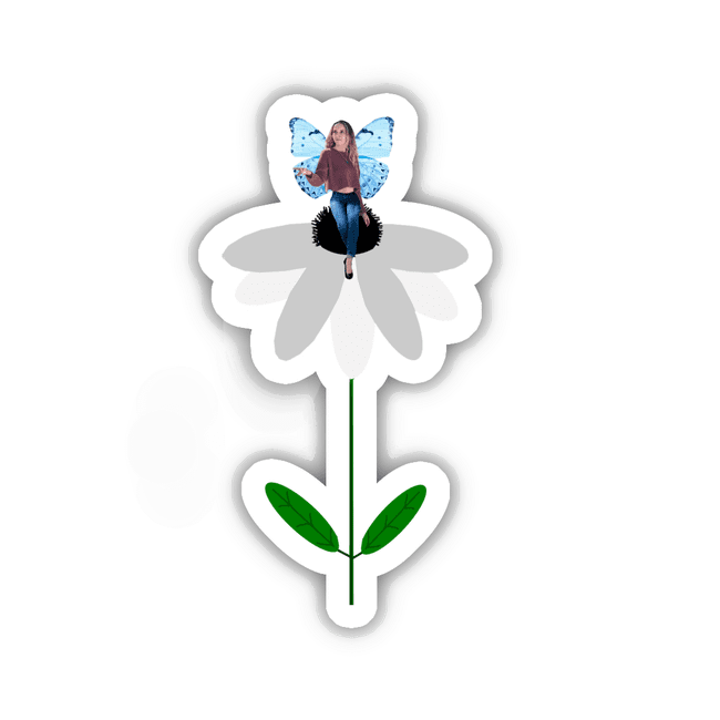 FAIRY WITH BLUE WINGS ON WHITE AND BLACK DAISY