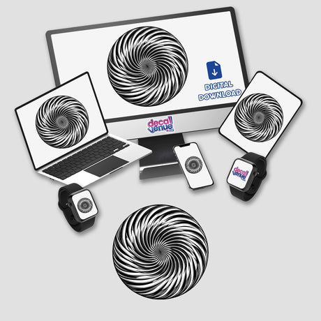 Mesmerizing black and white spiral design digital sticker for devices and products from Decal Venue, an online store offering unique stickers and digital art.