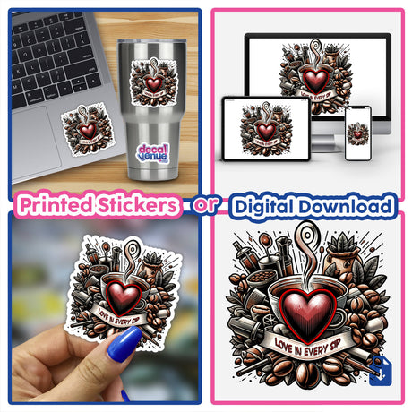 Heartfelt Brew - Coffee Lover's Sticker
This image showcases a vibrant, artistic sticker design featuring a heart-shaped emblem surrounded by various coffee-themed elements like beans, mugs, and a brewing apparatus. The sticker is displayed in multiple formats, including a physical product and digital downloads, highlighting its versatility for use on various surfaces and devices.