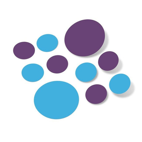 Ice blue and purple polka dot circles wall decals on white background.