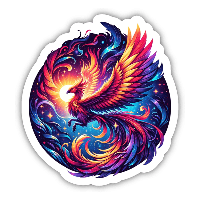 Colorful cosmic phoenix feather digital artwork with vibrant wings and fiery details on a dark background, showcasing the unique sticker design from SHH Creations available at Decal Venue.
