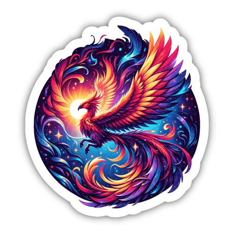 Colorful cosmic phoenix feather digital artwork with vibrant wings and fiery details on a dark background, showcasing the unique sticker design from SHH Creations available at Decal Venue.