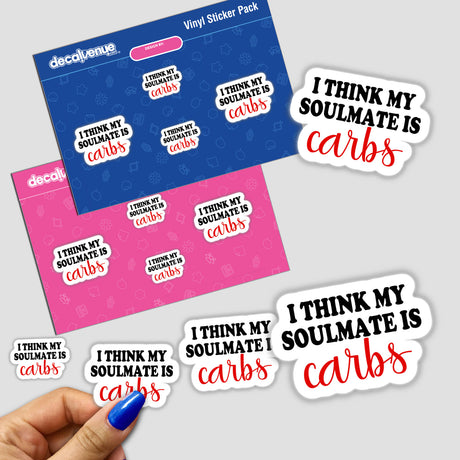 Sarcastic digital stickers featuring humorous text about carbs and fitness, displayed on a blue and pink vinyl sticker pack from the Decal Venue store.