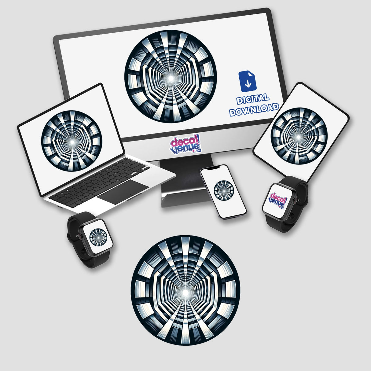 Mesmerizing digital perspective tunnel sticker with modern, abstract design across multiple devices and products.