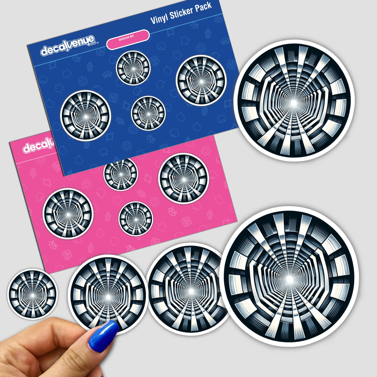 Endless Perspective Tunnel Illusion Stickers - Abstract black and white sticker designs with a hypnotic tunnel illusion effect, displayed on a vibrant blue and pink Decal Venue sticker pack.