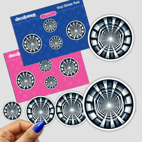 Endless Perspective Tunnel Illusion Stickers - Abstract black and white sticker designs with a hypnotic tunnel illusion effect, displayed on a vibrant blue and pink Decal Venue sticker pack.