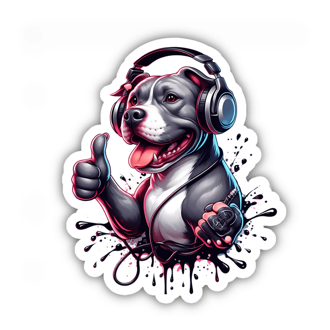 Thumbs Up Pitbull w/Headphones and Splatter