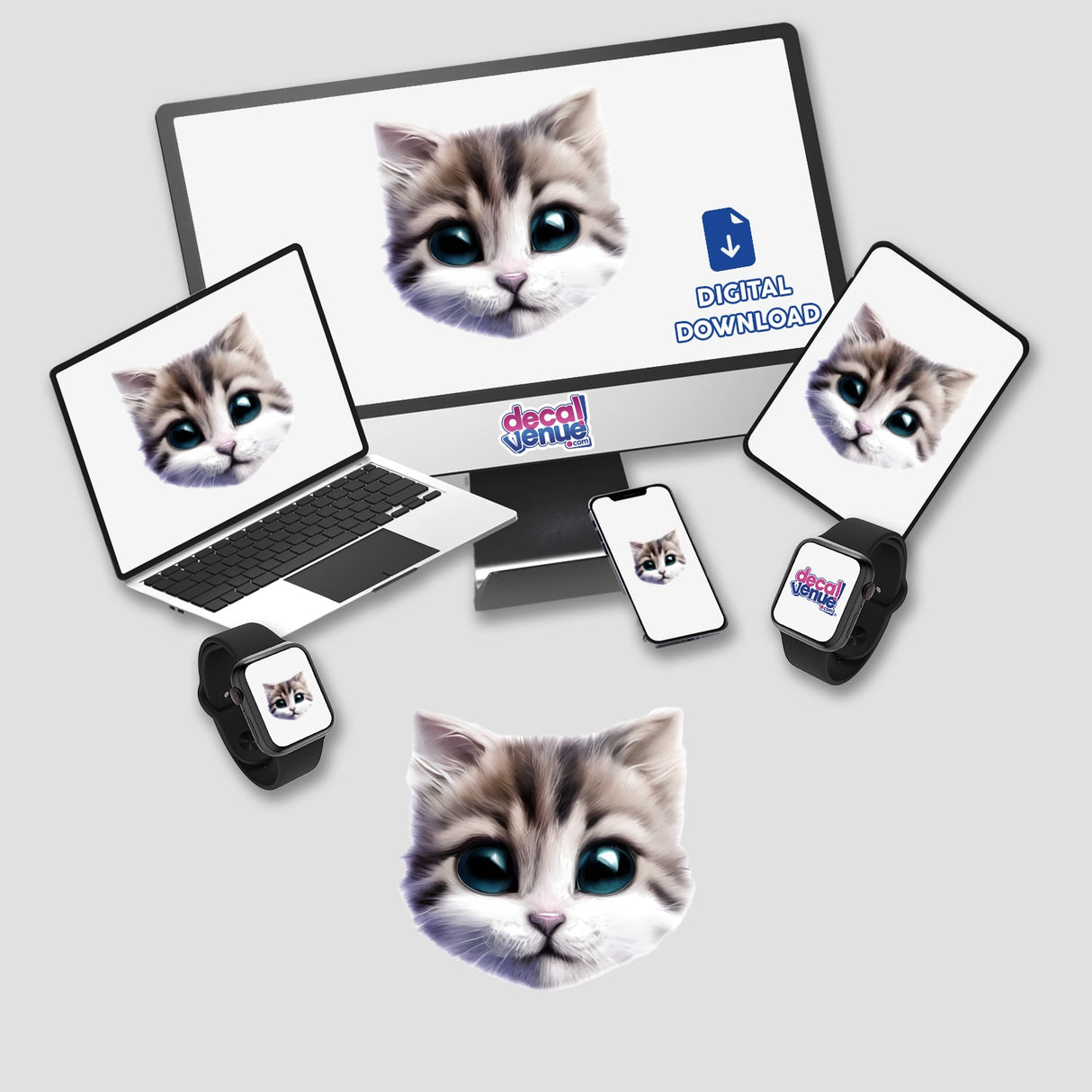 Cute Cat Face digital artwork displayed on a computer monitor and laptop, perfect for stickers or digital art enthusiasts.