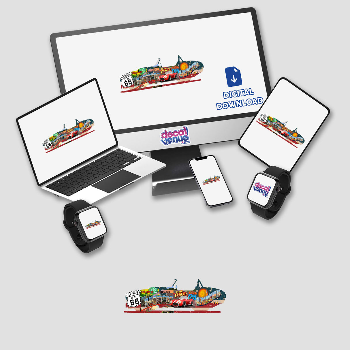 Vibrant Ford Cobra Route 66 collage artwork displayed on various digital devices, including laptops, smartphones, and smartwatches, showcasing the product's versatility and digital download availability.