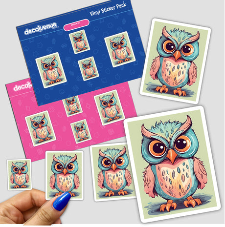 Colorful collection of adorable owl stickers with large expressive eyes, vibrant feather patterns, and whimsical designs from the Decal Venue store.