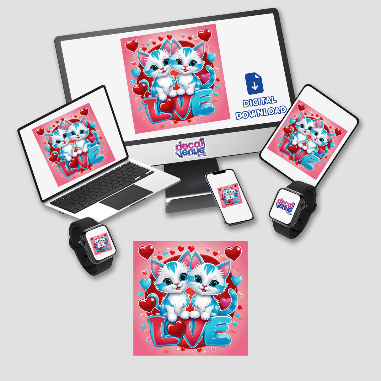 Cute Kitten Love Red and Blue Hearts