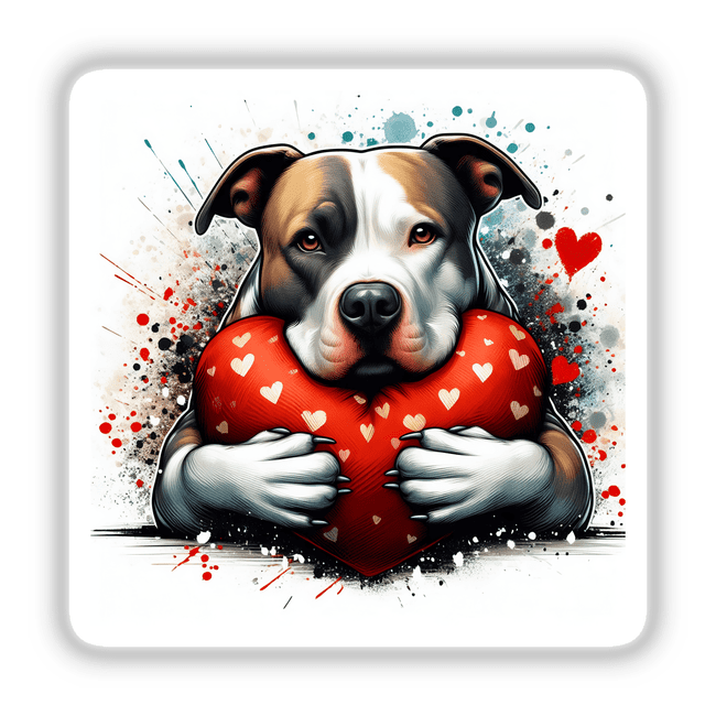 Pitbull Dog hugging heart pillow with splatter