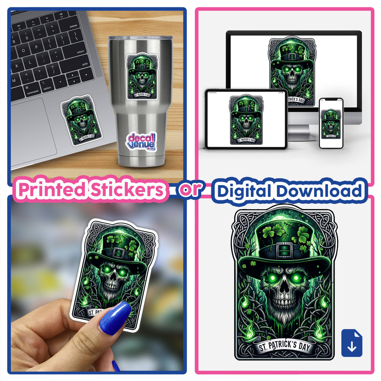 Glowing Skull in Top Hat St. Patrick's Day Sticker - Vibrant digital artwork depicting a green skull wearing a top hat, ideal for festive celebrations or personal expression.
