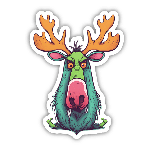 Colorful digital illustration of an angry moose with large antlers and wide-open mouth, on a transparent background.