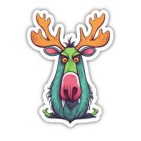 Colorful digital illustration of an angry moose with large antlers and wide-open mouth, on a transparent background.